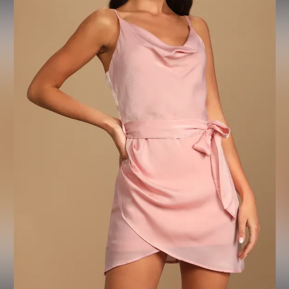 Blush pink satin cowl neck dress